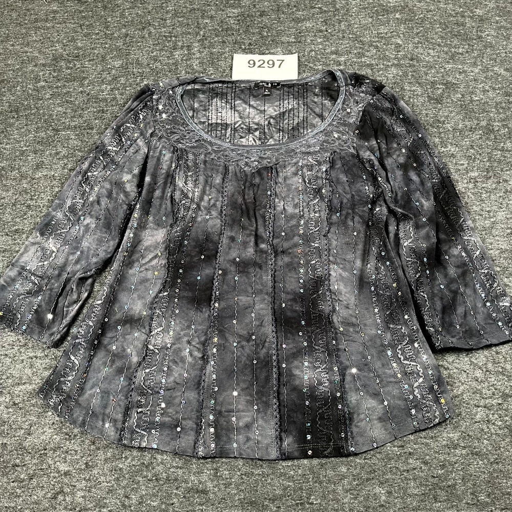 Sami & Jo Blouse Top Womens Large Petite Black Stretch Sequin Scoop Neck Casual